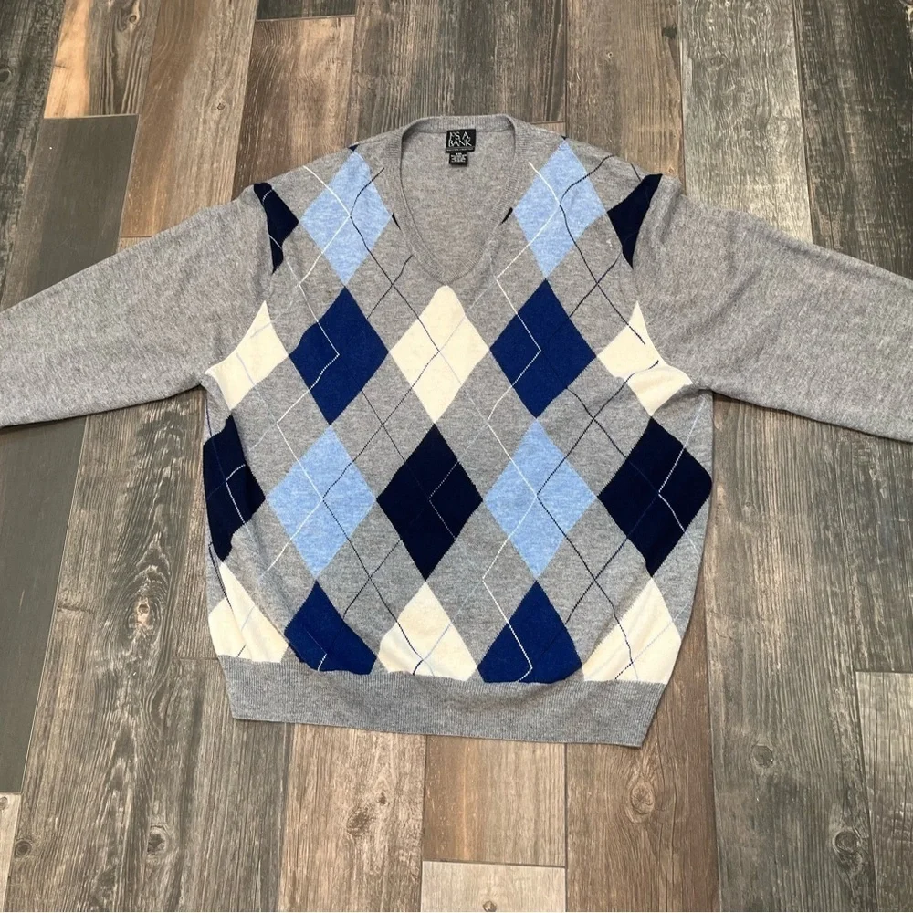 Jos. A. Bank Sweater Mens XXL Gray Blue Argyle Diamond Lambs Wool Grandpa Rogers